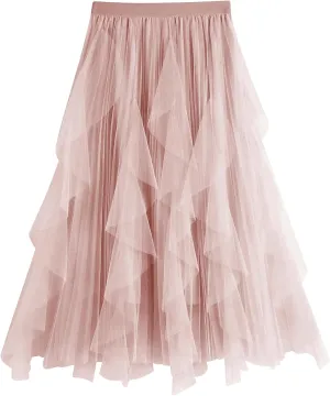 Women's Tulle Skirt Formal High Low Asymmetrical A-Line Fairy Elastic Waist Layered Long Midi Skirts