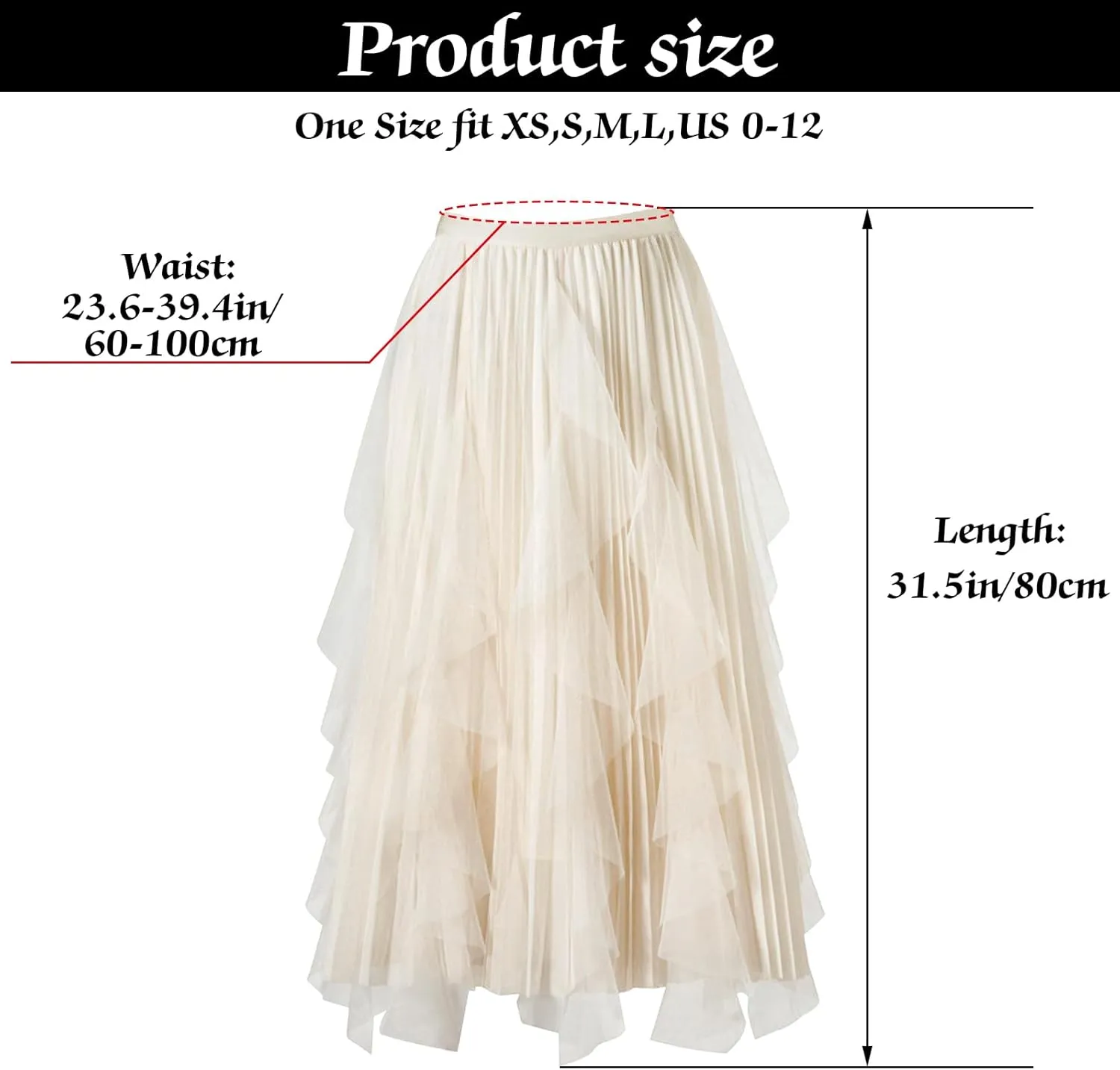 Women's Tulle Skirt Formal High Low Asymmetrical A-Line Fairy Elastic Waist Layered Long Midi Skirts