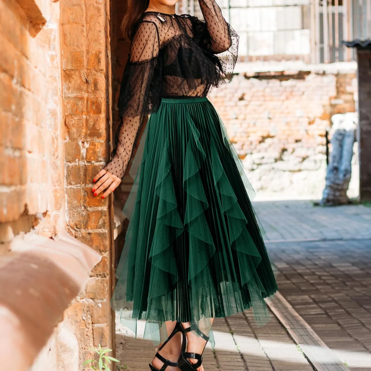 Women's Tulle Skirt Formal High Low Asymmetrical A-Line Fairy Elastic Waist Layered Long Midi Skirts