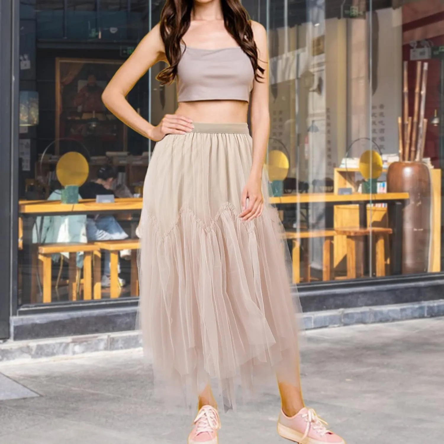 Women's Tulle Skirt Formal High Low Asymmetrical A-Line Fairy Elastic Waist Layered Long Midi Skirts