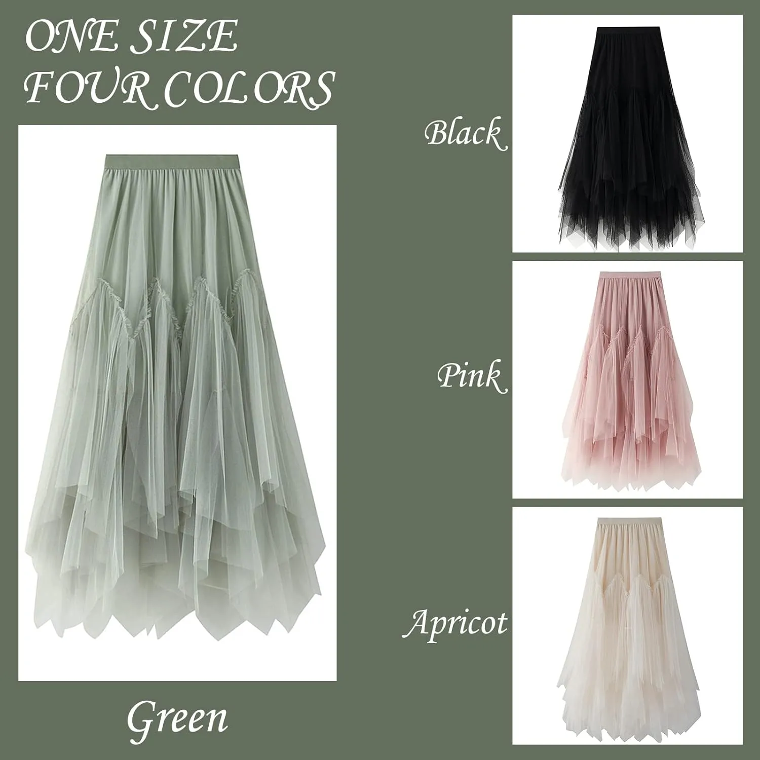 Women's Tulle Skirt Formal High Low Asymmetrical A-Line Fairy Elastic Waist Layered Long Midi Skirts