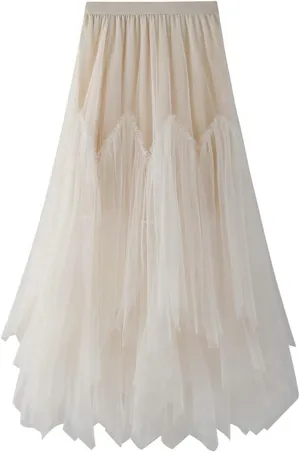 Women's Tulle Skirt Formal High Low Asymmetrical A-Line Fairy Elastic Waist Layered Long Midi Skirts