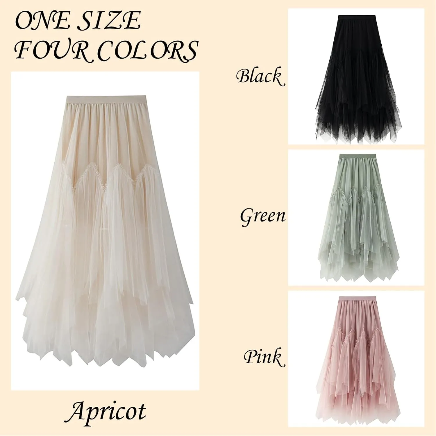Women's Tulle Skirt Formal High Low Asymmetrical A-Line Fairy Elastic Waist Layered Long Midi Skirts