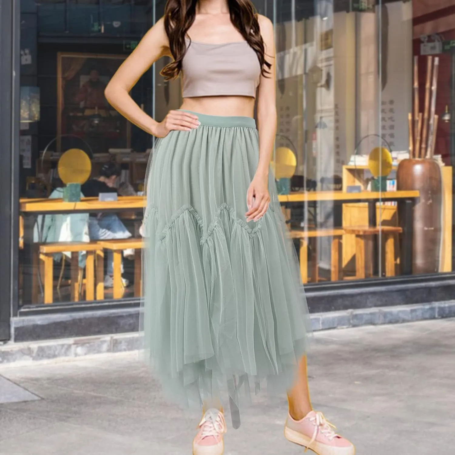 Women's Tulle Skirt Formal High Low Asymmetrical A-Line Fairy Elastic Waist Layered Long Midi Skirts