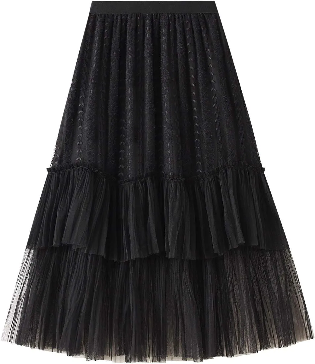 Women's Tulle Skirt Maxi Long A Line High Waist Mesh Layered Skirt Floral Lace Pleated Mesh Midi Skirt Party Tutu Skirt (Color : Black, Size : One Size)
