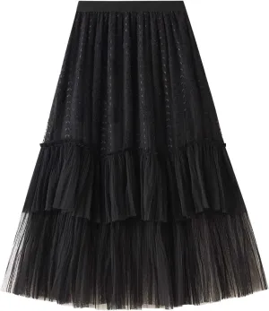 Women's Tulle Skirt Maxi Long A Line High Waist Mesh Layered Skirt Floral Lace Pleated Mesh Midi Skirt Party Tutu Skirt (Color : Black, Size : One Size)