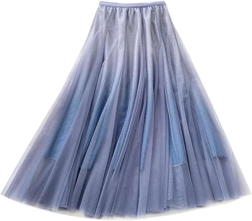 WomenS Tulle Skirt Midi Elastic High Waist Pleated Mesh Flowy A-Line Party Long Skirts