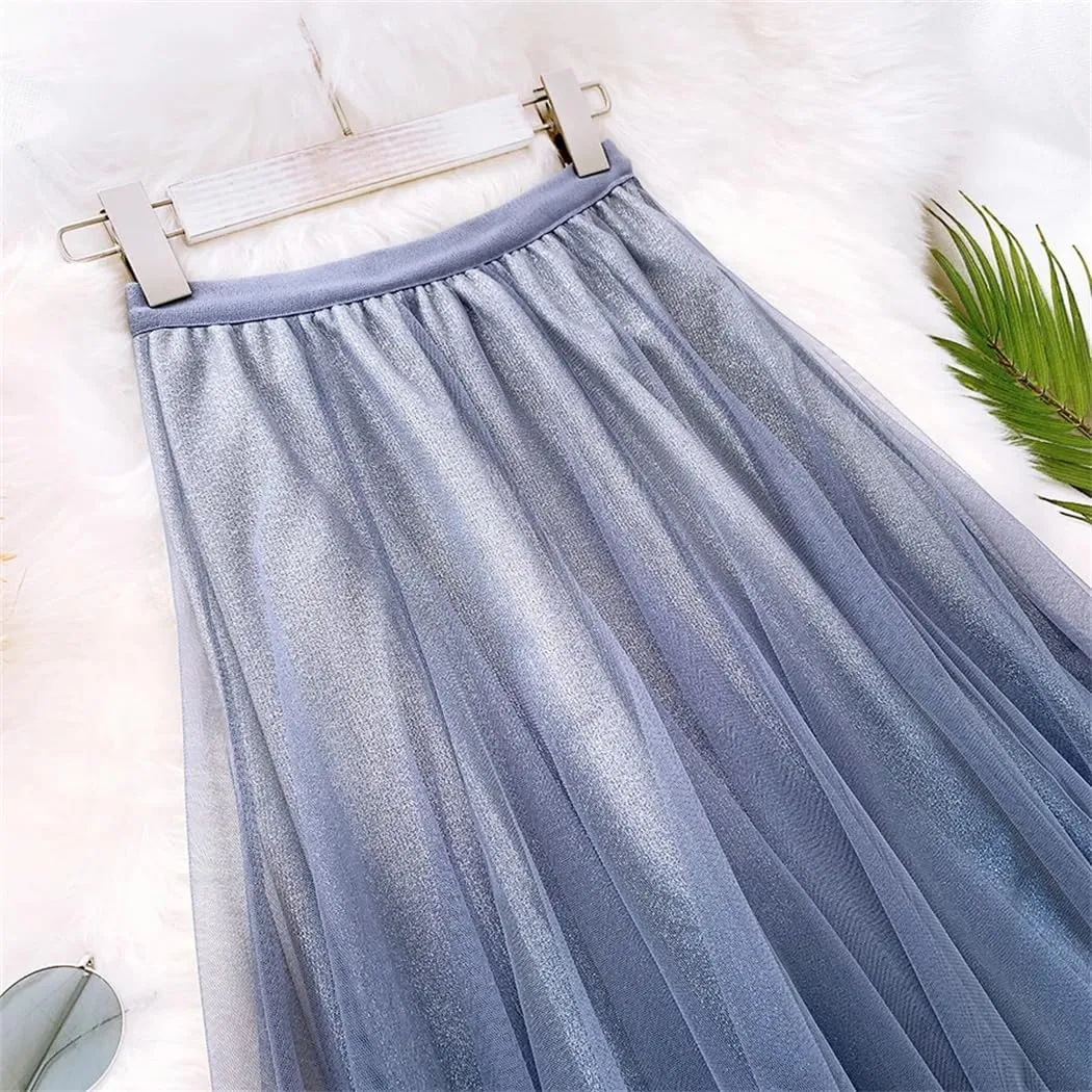 WomenS Tulle Skirt Midi Elastic High Waist Pleated Mesh Flowy A-Line Party Long Skirts