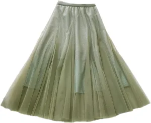 WomenS Tulle Skirt Midi Elastic High Waist Pleated Mesh Flowy A-Line Party Long Skirts
