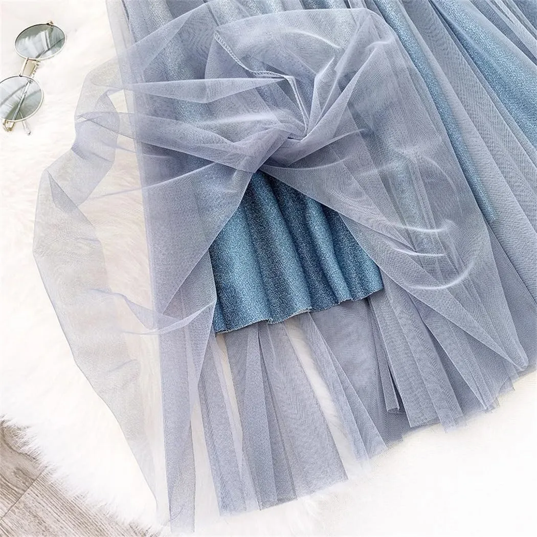 WomenS Tulle Skirt Midi Elastic High Waist Pleated Mesh Flowy A-Line Party Long Skirts