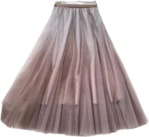 WomenS Tulle Skirt Midi Elastic High Waist Pleated Mesh Flowy A-Line Party Long Skirts
