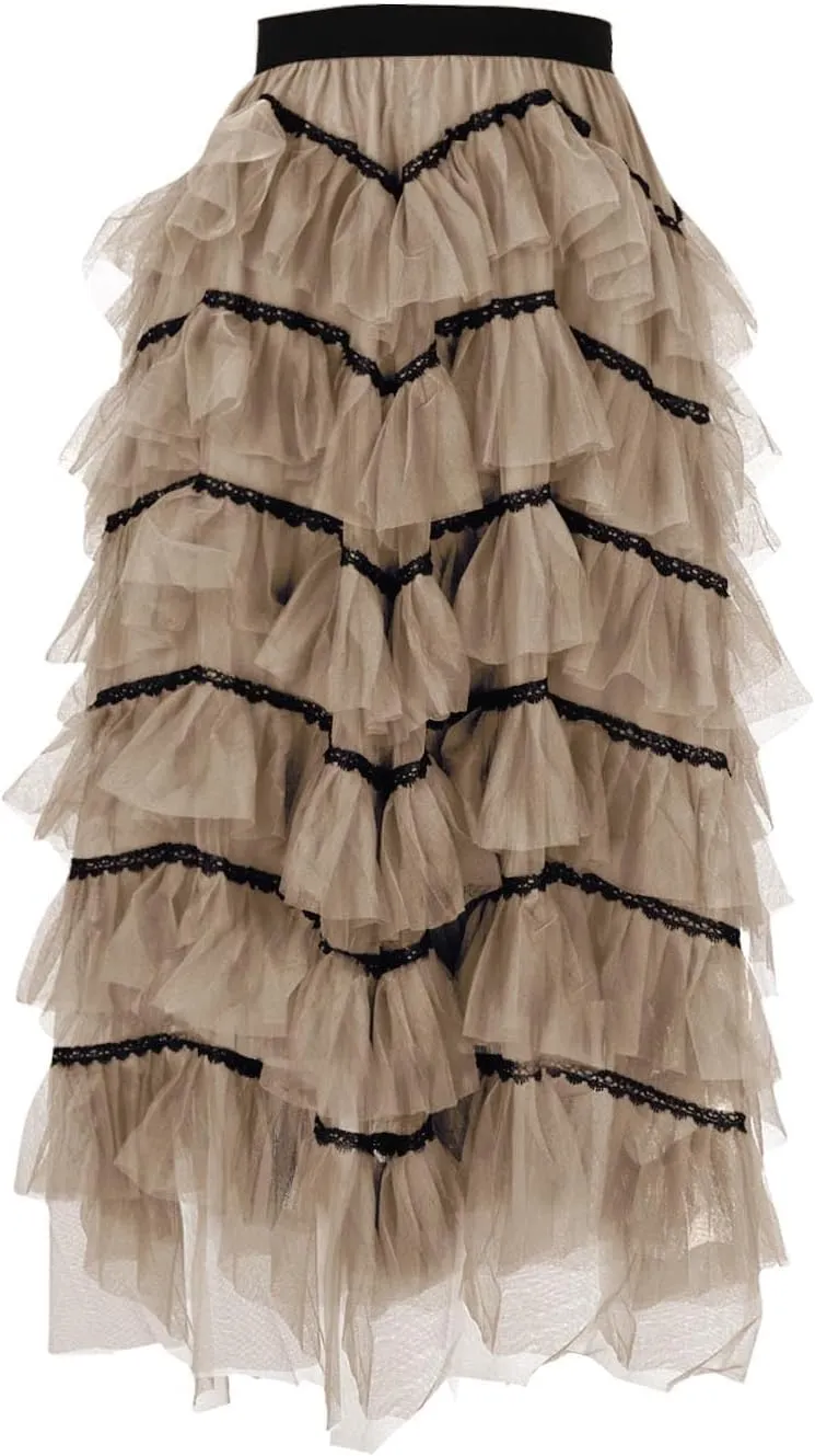 Women's Tulle Skirts Maxi Elastic Waist Cake Layered Ruffles Mesh Long Tiered Skirt Flowy A-Line Party Tutu Skirts