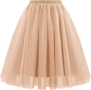 Womens Tulle Skirts Midi Elastic High Waist Pleated Mesh Flowy A-Line Long Skirts