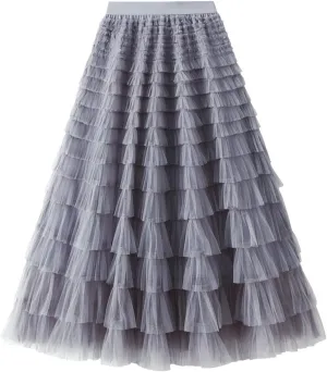 Womens Tulle Skirts Midi Elastic High Waist Pleated Mesh Flowy A-Line Long Tutu Skirts