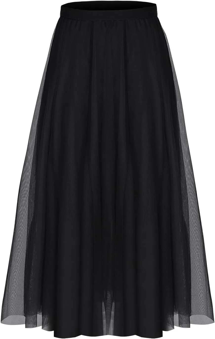 Women's Tulle Skirts Midi Elastic High Waist Pleated Mesh Flowy A-Line Party Long Tutu Skirts for Wedding Guest
