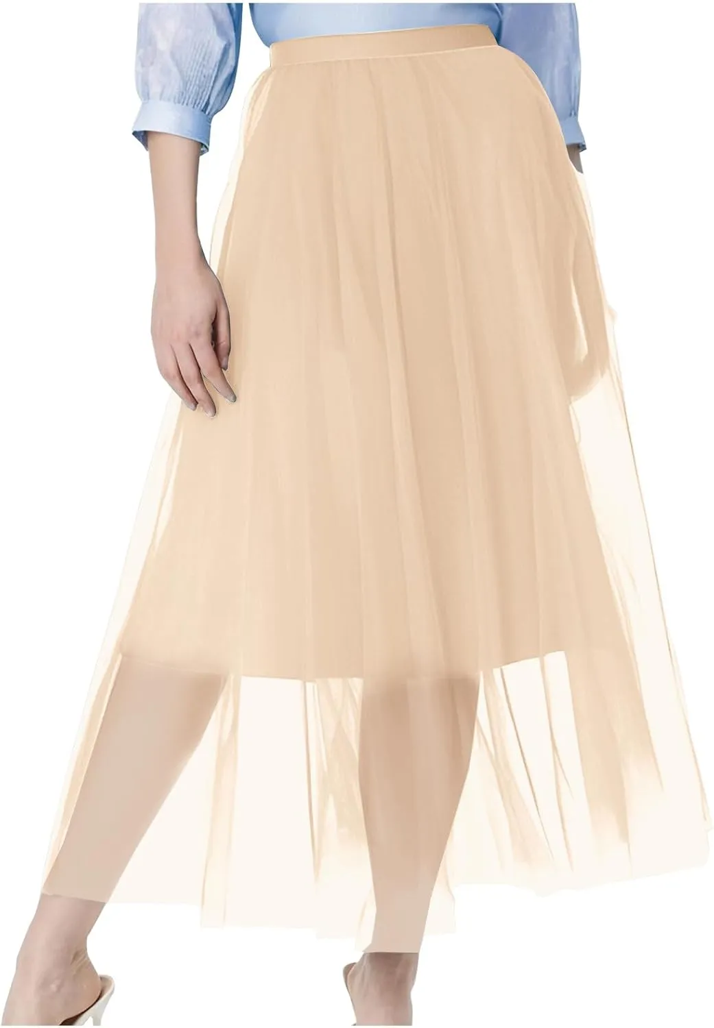 Women's Tulle Skirts Midi Elastic High Waist Pleated Mesh Flowy A-Line Party Long Tutu Skirts for Wedding Guest