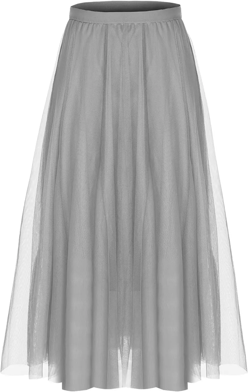 Women's Tulle Skirts Midi Elastic High Waist Pleated Mesh Flowy A-Line Party Long Tutu Skirts for Wedding Guest