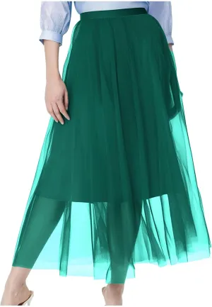 Women's Tulle Skirts Midi Elastic High Waist Pleated Mesh Flowy A-Line Party Long Tutu Skirts for Wedding Guest