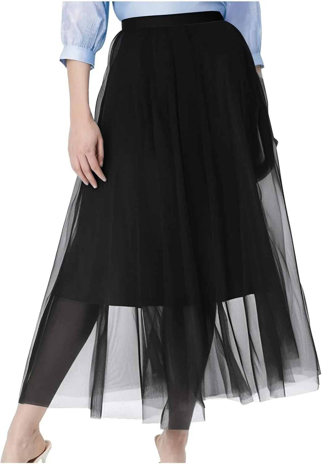 Women's Tulle Skirts Midi Elastic High Waist Pleated Mesh Flowy A-Line Party Long Tutu Skirts for Wedding Guest