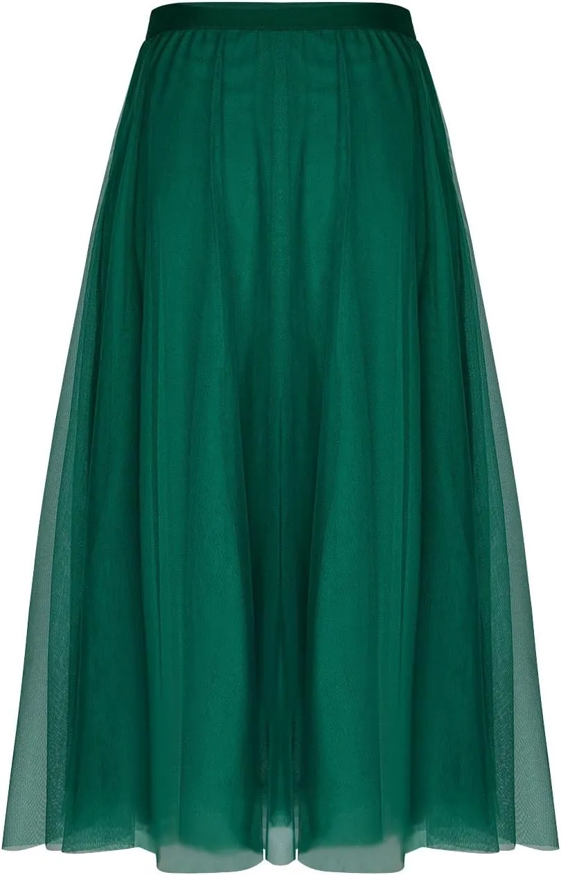 Women's Tulle Skirts Midi Elastic High Waist Pleated Mesh Flowy A-Line Party Long Tutu Skirts for Wedding Guest