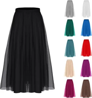 Women's Tulle Skirts Midi Elastic High Waist Pleated Mesh Flowy A-Line Party Long Tutu Skirts for Wedding Guest