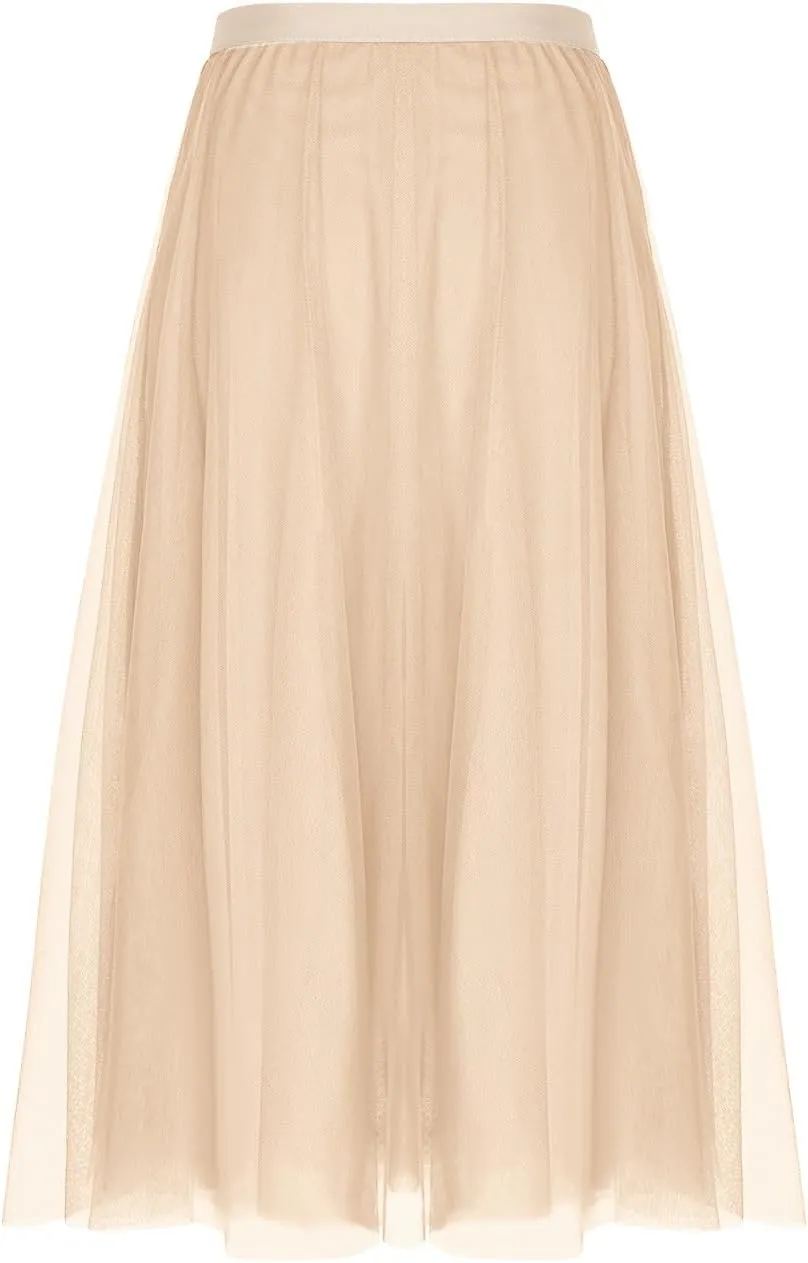 Women's Tulle Skirts Midi Elastic High Waist Pleated Mesh Flowy A-Line Party Long Tutu Skirts for Wedding Guest