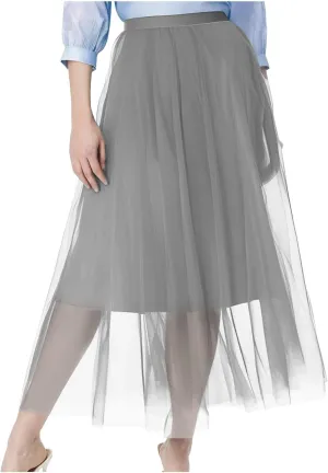Women's Tulle Skirts Midi Elastic High Waist Pleated Mesh Flowy A-Line Party Long Tutu Skirts for Wedding Guest