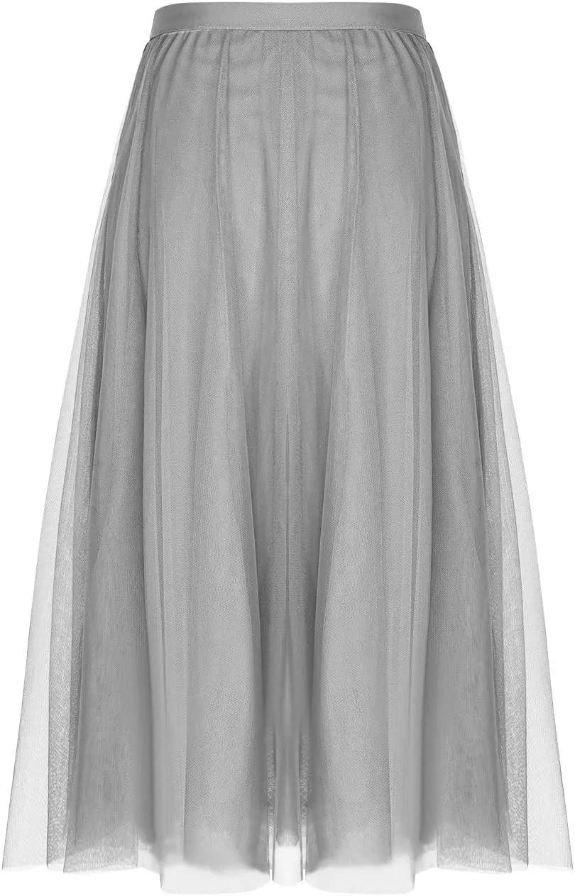 Women's Tulle Skirts Midi Elastic High Waist Pleated Mesh Flowy A-Line Party Long Tutu Skirts for Wedding Guest