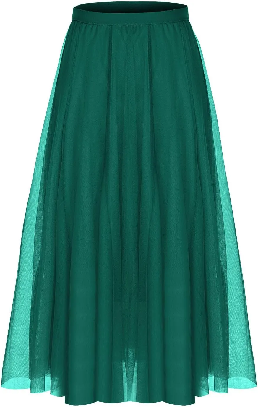 Women's Tulle Skirts Midi Elastic High Waist Pleated Mesh Flowy A-Line Party Long Tutu Skirts for Wedding Guest