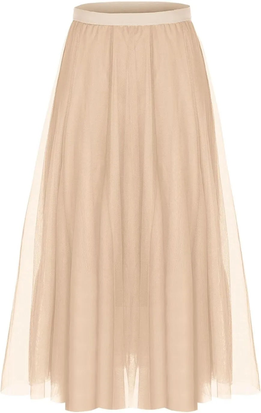 Women's Tulle Skirts Midi Elastic High Waist Pleated Mesh Flowy A-Line Party Long Tutu Skirts for Wedding Guest
