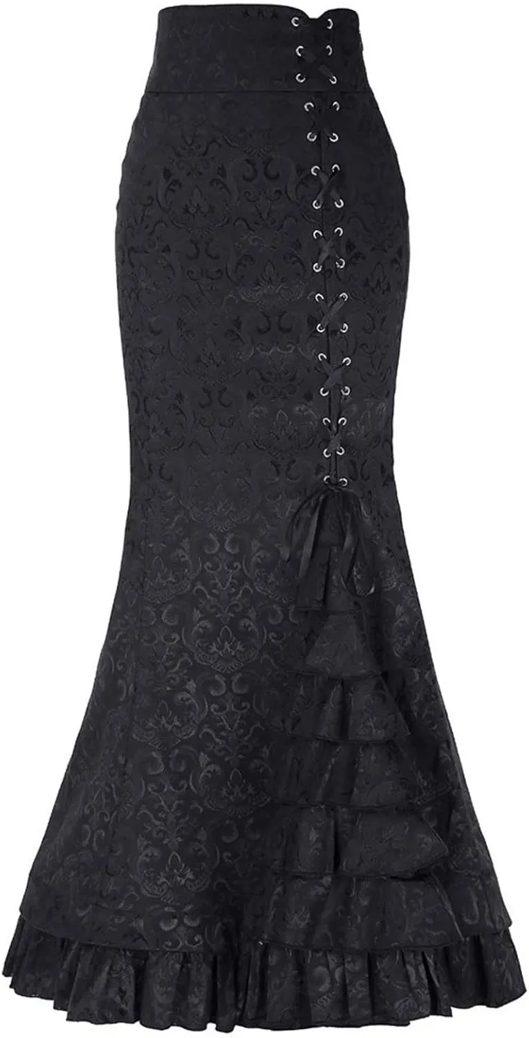 Women's Victorian Vintage Maxi Skirt Side Lace-Up High Waist Ruffle Fishtail Mermaid Skirts Steampunk Gothic Skirt