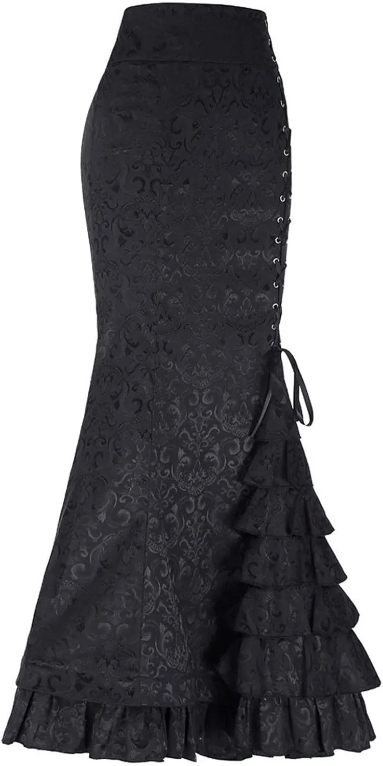 Women's Victorian Vintage Maxi Skirt Side Lace-Up High Waist Ruffle Fishtail Mermaid Skirts Steampunk Gothic Skirt