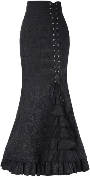 Women's Victorian Vintage Maxi Skirt Side Lace-Up High Waist Ruffle Fishtail Mermaid Skirts Steampunk Gothic Skirt