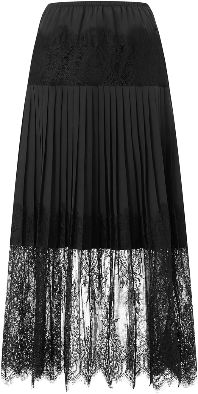 Womens Y2k Lace Midi Skirts Summer Lace Half Slip Skirt Pleated Ruffle Floral Lace Tiered Flowy Skirts Underskirt
