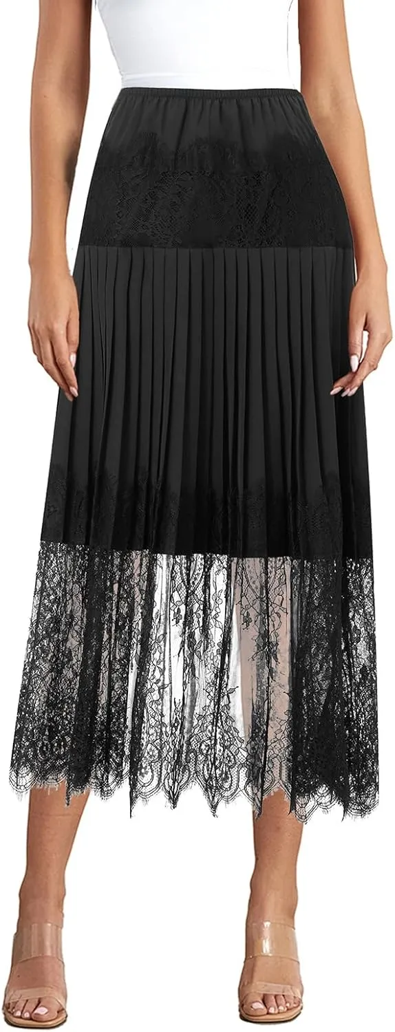 Womens Y2k Lace Midi Skirts Summer Lace Half Slip Skirt Pleated Ruffle Floral Lace Tiered Flowy Skirts Underskirt