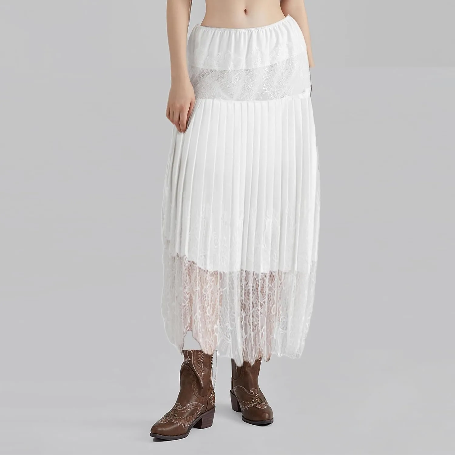 Womens Y2k Lace Midi Skirts Summer Lace Half Slip Skirt Pleated Ruffle Floral Lace Tiered Flowy Skirts Underskirt