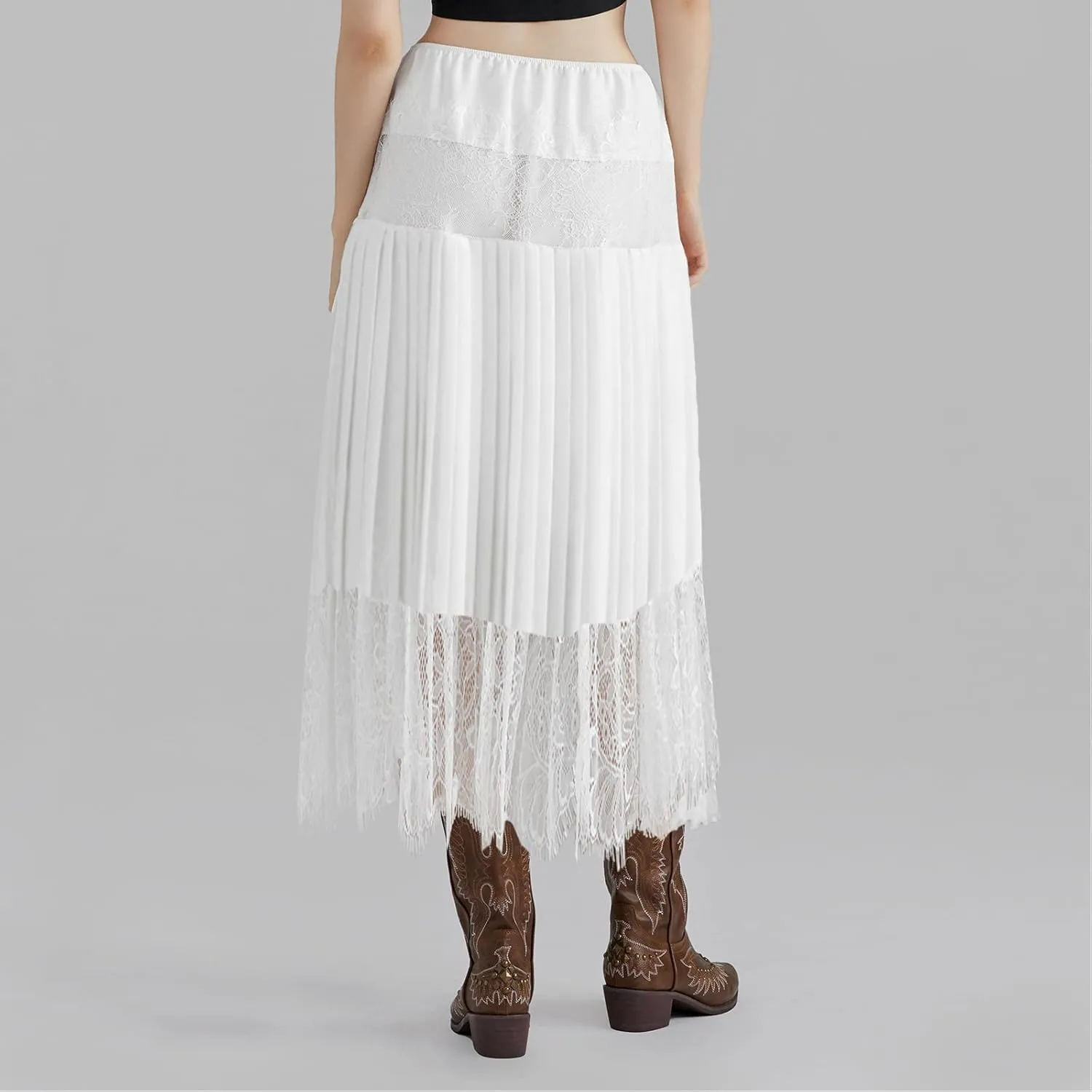 Womens Y2k Lace Midi Skirts Summer Lace Half Slip Skirt Pleated Ruffle Floral Lace Tiered Flowy Skirts Underskirt