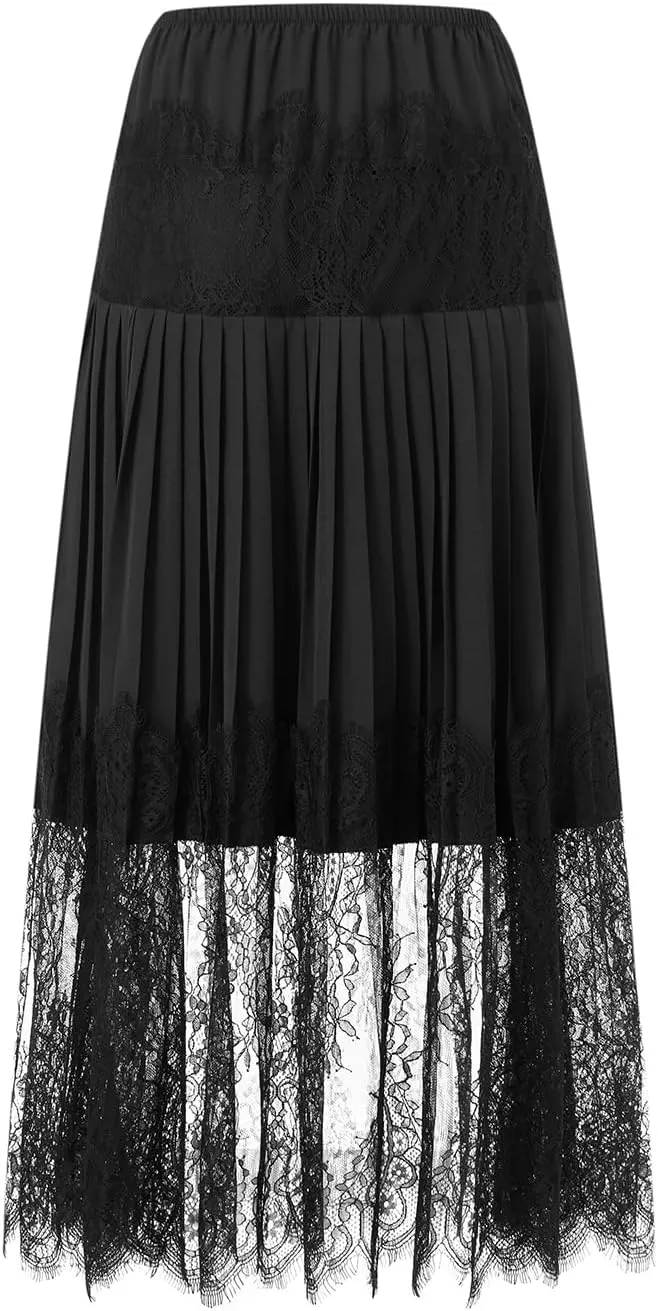 Womens Y2k Lace Midi Skirts Summer Lace Half Slip Skirt Pleated Ruffle Floral Lace Tiered Flowy Skirts Underskirt