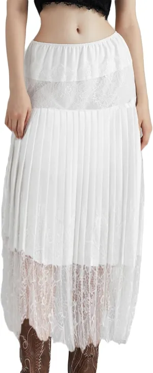 Womens Y2k Lace Midi Skirts Summer Lace Half Slip Skirt Pleated Ruffle Floral Lace Tiered Flowy Skirts Underskirt