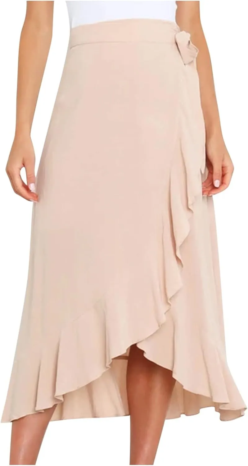 Wrap Skirts for Women Ruffle Midi Skirt Tie Waist Maxi Skirts High Waisted Summer Skirts Flowy Beach Cover Up Skirt