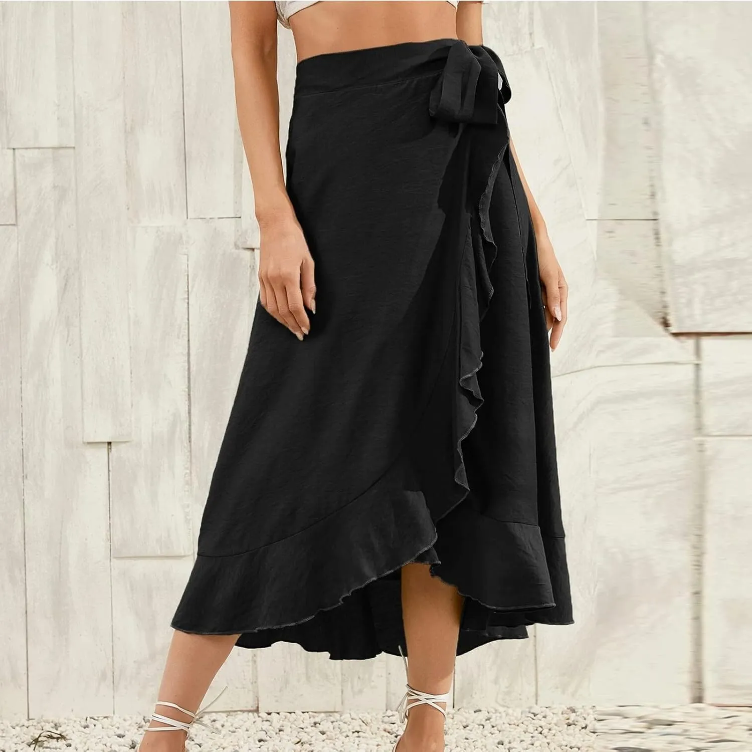 Wrap Skirts for Women Ruffle Midi Skirt Tie Waist Maxi Skirts High Waisted Summer Skirts Flowy Beach Cover Up Skirt