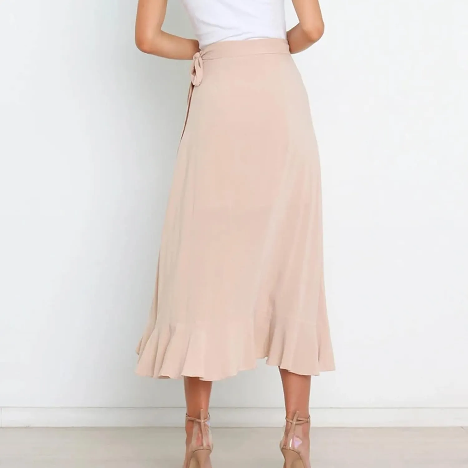 Wrap Skirts for Women Ruffle Midi Skirt Tie Waist Maxi Skirts High Waisted Summer Skirts Flowy Beach Cover Up Skirt