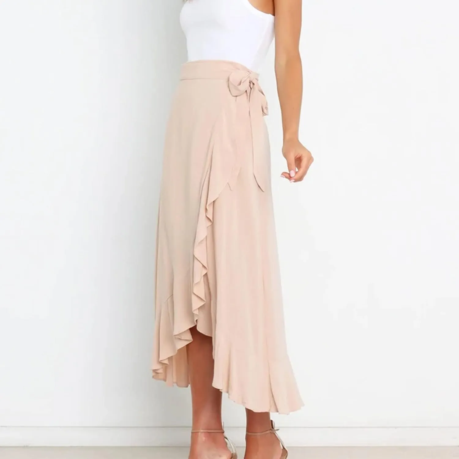 Wrap Skirts for Women Ruffle Midi Skirt Tie Waist Maxi Skirts High Waisted Summer Skirts Flowy Beach Cover Up Skirt