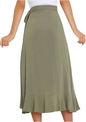 Wrap Skirts for Women Ruffle Midi Skirt Tie Waist Maxi Skirts High Waisted Summer Skirts Flowy Beach Cover Up Skirt