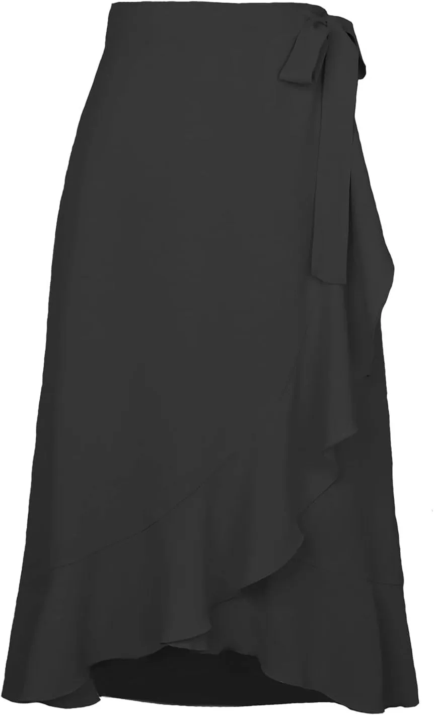 Wrap Skirts for Women Ruffle Midi Skirt Tie Waist Maxi Skirts High Waisted Summer Skirts Flowy Beach Cover Up Skirt