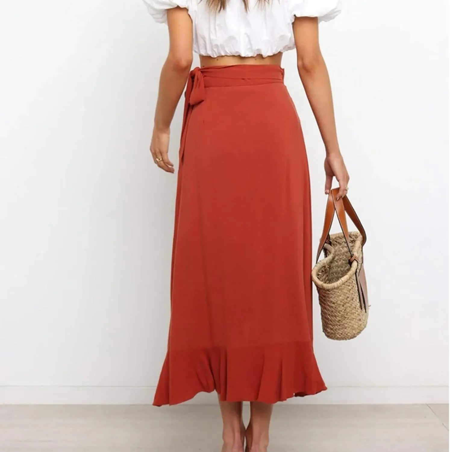 Wrap Skirts for Women Ruffle Midi Skirt Tie Waist Maxi Skirts High Waisted Summer Skirts Flowy Beach Cover Up Skirt