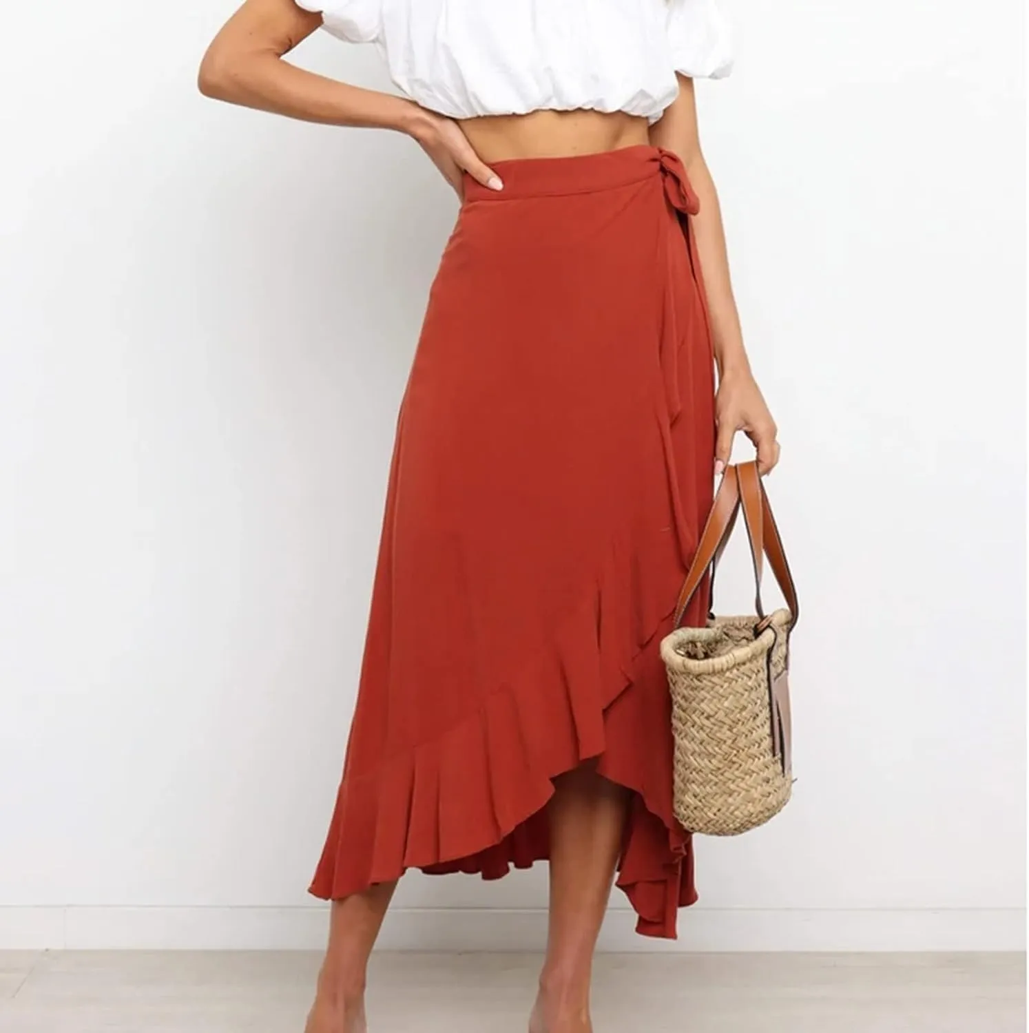 Wrap Skirts for Women Ruffle Midi Skirt Tie Waist Maxi Skirts High Waisted Summer Skirts Flowy Beach Cover Up Skirt
