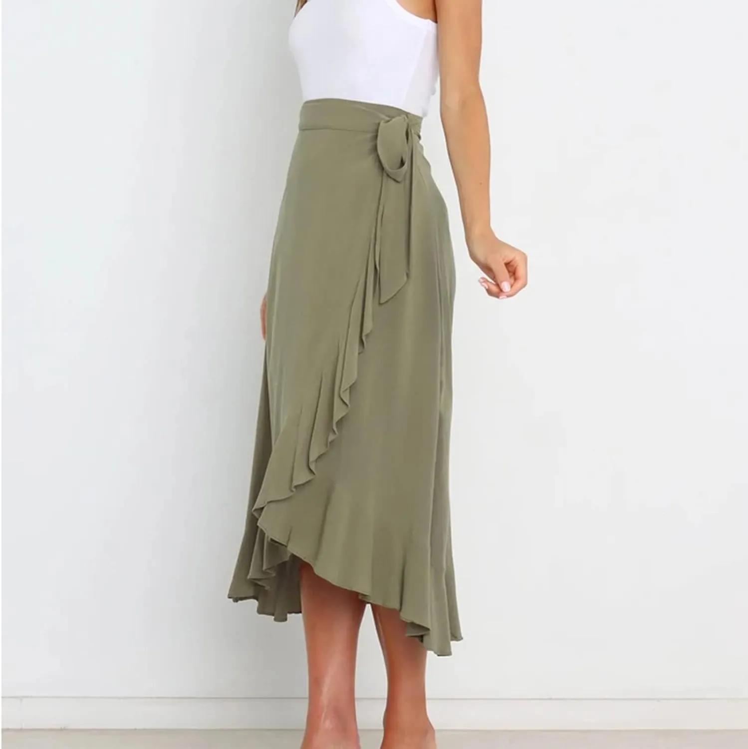 Wrap Skirts for Women Ruffle Midi Skirt Tie Waist Maxi Skirts High Waisted Summer Skirts Flowy Beach Cover Up Skirt