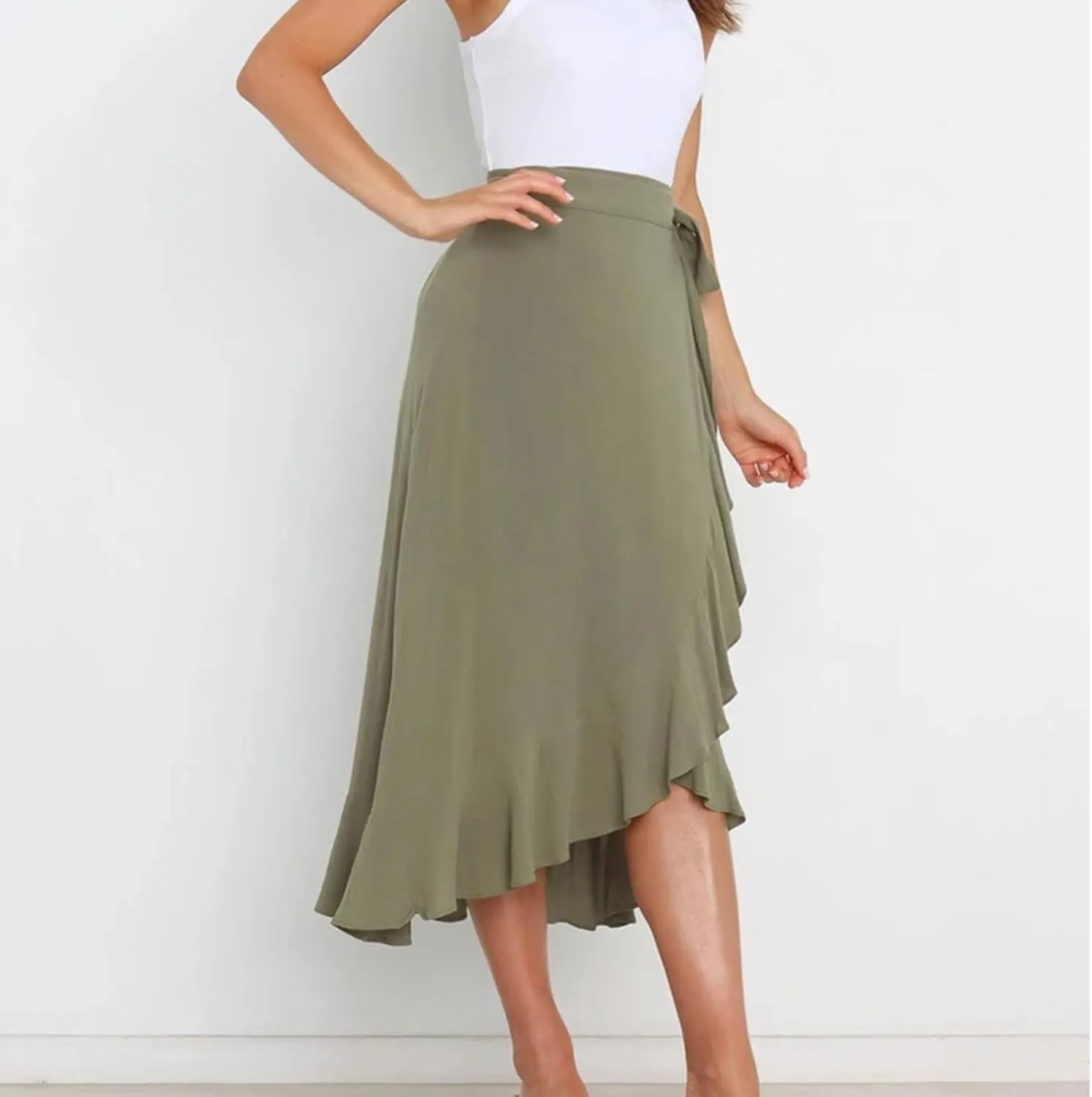 Wrap Skirts for Women Ruffle Midi Skirt Tie Waist Maxi Skirts High Waisted Summer Skirts Flowy Beach Cover Up Skirt