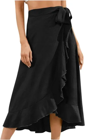 Wrap Skirts for Women Ruffle Midi Skirt Tie Waist Maxi Skirts High Waisted Summer Skirts Flowy Beach Cover Up Skirt